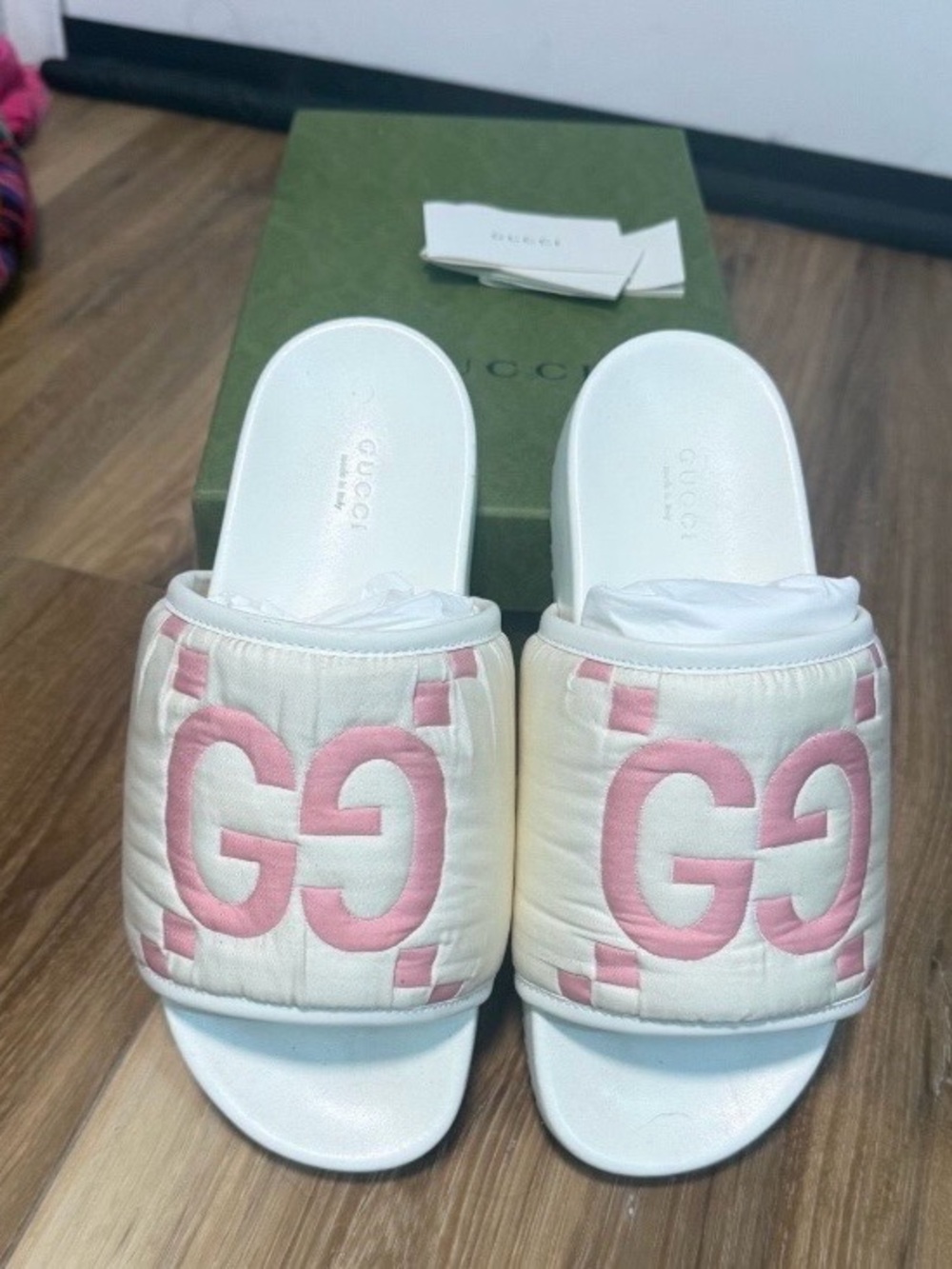 Gucci Quilted White Slide Sandals with Pink GG Logo